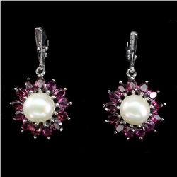 Natural Rhodolite Garnet Pearl Earrings