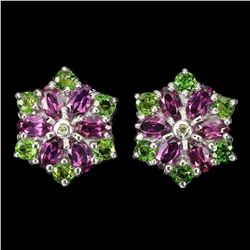 Natural Rhodolite, Chrome Diopside, & Sapphire Earrings