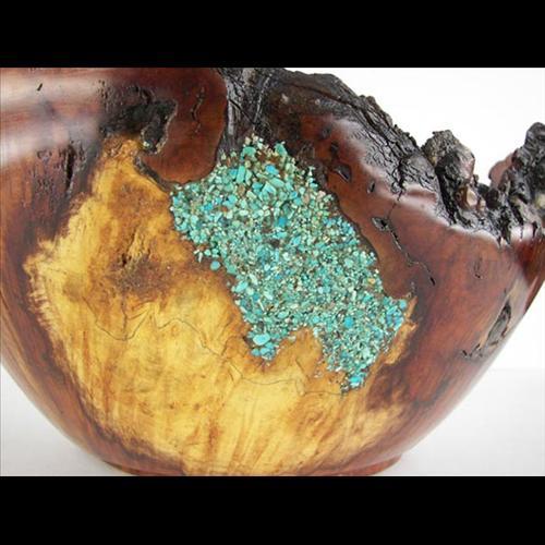 Burl Wood Bowl, Turquoise Chip Inlay