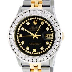 Rolex Mens 2 Tone Black String VS 3CTW Channel Set Diamond Datejust Wristwatch