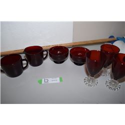 Cranberry Glass Cream And Sugar And Bowls