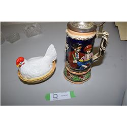 Musical Beer Stein & 1936-1960 Ceramic Chickens Nest