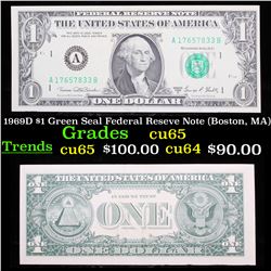 1969D $1 Green Seal Federal Reseve Note (Boston, MA) Grades Gem CU