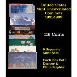 Group of 9 United States Mint Uncurculated Coin Sets In Original Government Packaging 1991-1999 95 c