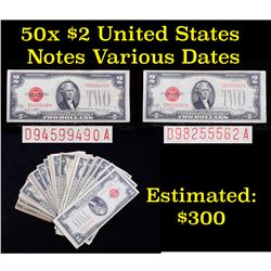 50x $2 Circulated Red Seal United States Note Various Dates