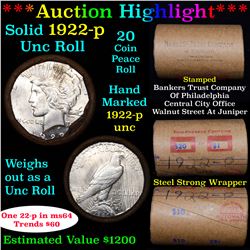 ***Auction Highlight*** 1922-p Uncirculated Peace Dollar Shotgun Roll (fc)