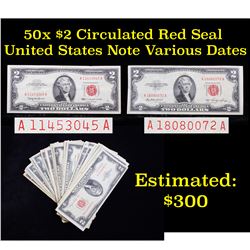 50x $2 Circulated Red Seal United States Note Various Dates