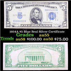 1934A $5 Blue Seal Silver Certificate Grades Choice AU