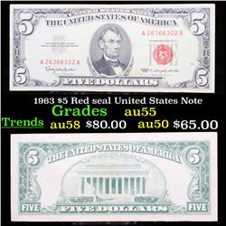 1963 $5 Red seal United States Note Grades Choice AU
