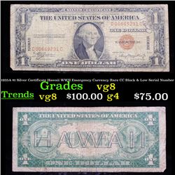 1935A $1 Silver Certificate Hawaii WWII Emergency Currency Rare CC Block & Low Serial Number Grades 