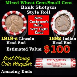 Mixed small cents 1c orig shotgun roll, 1919-s Wheat Cent, 1898 Indian Cent other end