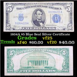 1934A $5 Blue Seal Silver Certificate Grades vf+