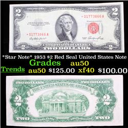 *Star Note* 1953 $2 Red Seal United States Note Grades AU, Almost Unc