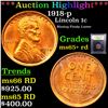 Image 1 : ***Auction Highlight*** 1918-p Lincoln Cent 1c Graded Gem+ Unc RD By USCG (fc)