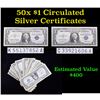 Image 1 : 50X $1 Blue Seal Circulated Silver Certificates Various Dates