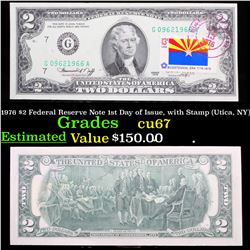 1976 $2 Federal Reserve Note 1st Day of Issue, with Stamp (Utica, NY) Grades Gem++ CU