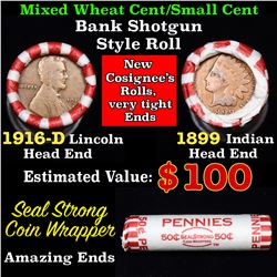 Mixed small cents 1c orig shotgun roll, 1916-d Wheat Cent, 1899 Indian Cent other end.
