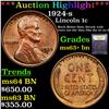 Image 1 : ***Auction Highlight*** 1924-s Lincoln Cent 1c Graded Select+ Unc BN By USCG (fc)