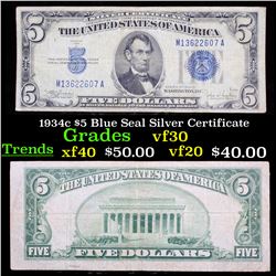 1934c $5 Blue Seal Silver Certificate Grades vf++