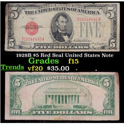 1928B $5 Red Seal United States Note Grades f+