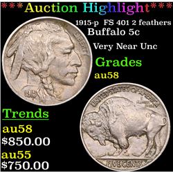 ***Auction Highlight*** 1915-p  FS 401 2 feathers Buffalo Nickel 5c Grades Choice AU/BU Slider (fc)