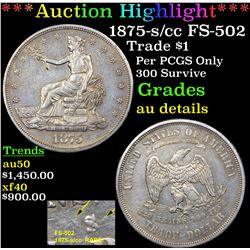 ***Auction Highlight*** 1875-s /cc FS-502 Trade Dollar $1 Grades AU Details (fc)