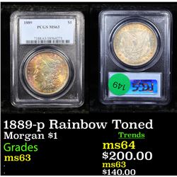 PCGS 1889-p Rainbow Toned Morgan Dollar $1 Graded ms63 By PCGS