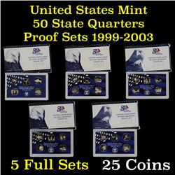 Group of 5 United States Quarters Proof Sets 1999-2003 25 coins