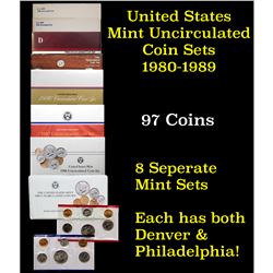 Group of 8 United States Mint Uncurculated Coin Sets In Original Government Packaging 1980-1989 97 c