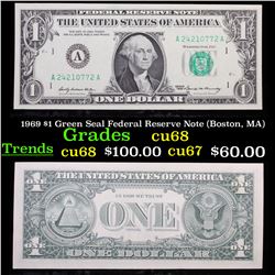 1969 $1 Green Seal Federal Reserve Note (Boston, MA) Grades Gem++ CU