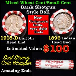 Mixed small cents 1c orig shotgun roll, 1918-d Wheat Cent, 1896 Indian Cent other end, Seal Strong W