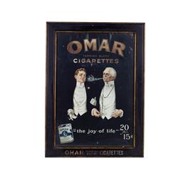 "Omar Cigarettes"  cardboard sign in or
