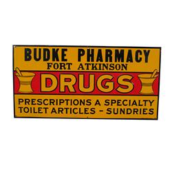 "Budke Pharmacy Drugs "  tin embossed s