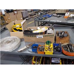 LOT OF ASSORTED, FIRE HOSE, CAUTION TAPE, AND HARDWARE