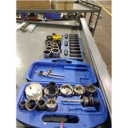 LOT OF KEYHOLE DRILL BITS, SOCKETS, AND MORE