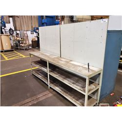 GREY WOOD & METAL SHELF WITH BACKBOARD, 96'L X 18"W X 66"