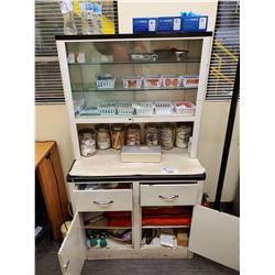 WHITE MEDICAL CABINET, INCLUDES ALL MEDICAL BANDAGES, TAPE, AND MORE 33 L X 17 W X 59 H