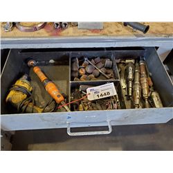 LARGE LOT OF ASSORTED PNEUMATIC TOOLS, DEWALT DRILL, AND FLAP DISCS, AND MORE