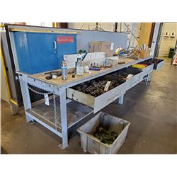 LARGE GREY WORKBENCH WITH 4 METAL DRAWERS, AND BACKBOARD 144