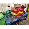 Image 1 : BLUE METAL STAND WITH CONTENTS, CLEANERS, SAFETY CANS, AND MORE