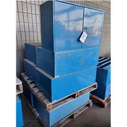 PALLET OF 7  BLUE VERTICAL METAL HARDWARE ORGANIZERS, AND CABINET