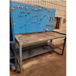 BLUE 2 TIER 72"L X 30"D X 34"H METAL WORKBENCH WITH METAL PEGBOARD BACK