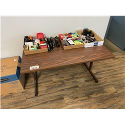 TABLE WITH OFFICE SUPPLIES, PENS, STAPLERS, AND MORE