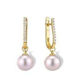 A 14KT YELLOW GOLD AND PEARL & DIAMOND EARRINGS.