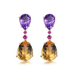 A 14KT YELLOW GOLD AND AMETHYST & CITRINES EARRINGS.