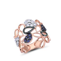 A 10KT ROSE GOLD AND MULTI STONE & DIAMONDS RING.
