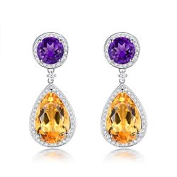 A 18KT WHITE GOLD AND MULTI STONE & DIAMONDS EARRINGS.