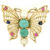 Image 3 : 14k Yellow Gold Open Turquoise Pearl Sapphire Ruby Diamond Butterfly Brooch Pin