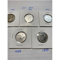 Canada 25¢ quarters, 1941, 43, 50, 52 King George, 1959 Queen Elizabeth II