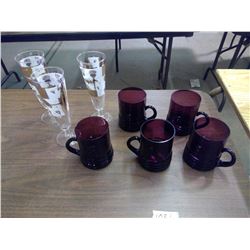 Lot of (5) Purple Mugs and (3) Champagne Glasses